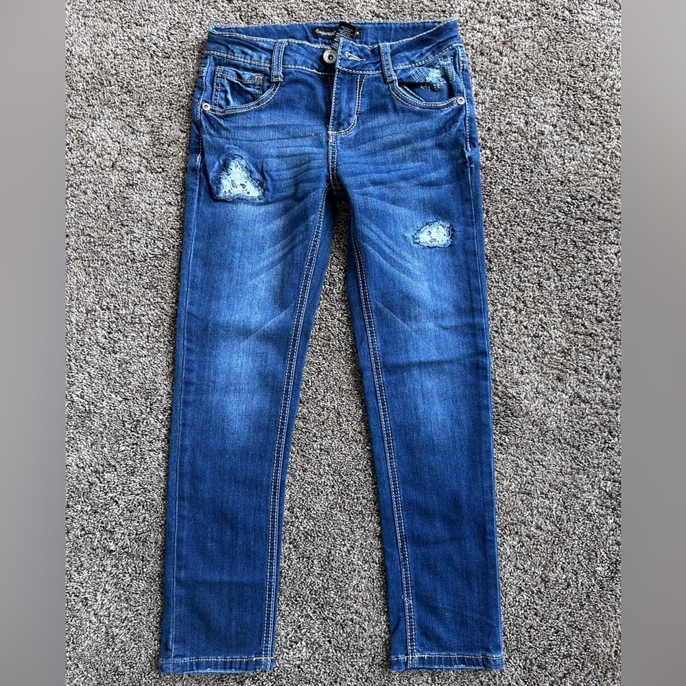 Imperial Star Girls Distressed Blue Jeans Size 10 Cute Crochet Details